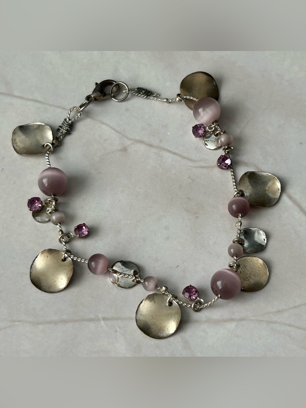 Vintage Silver-Tone Pink Bead & Disc Charm Bracelet